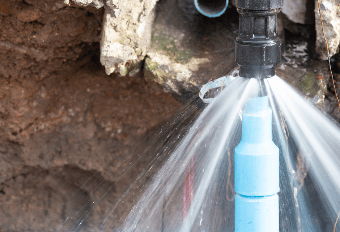 A burst water pipe to show the strategies needed to help reduce non-revenue water.