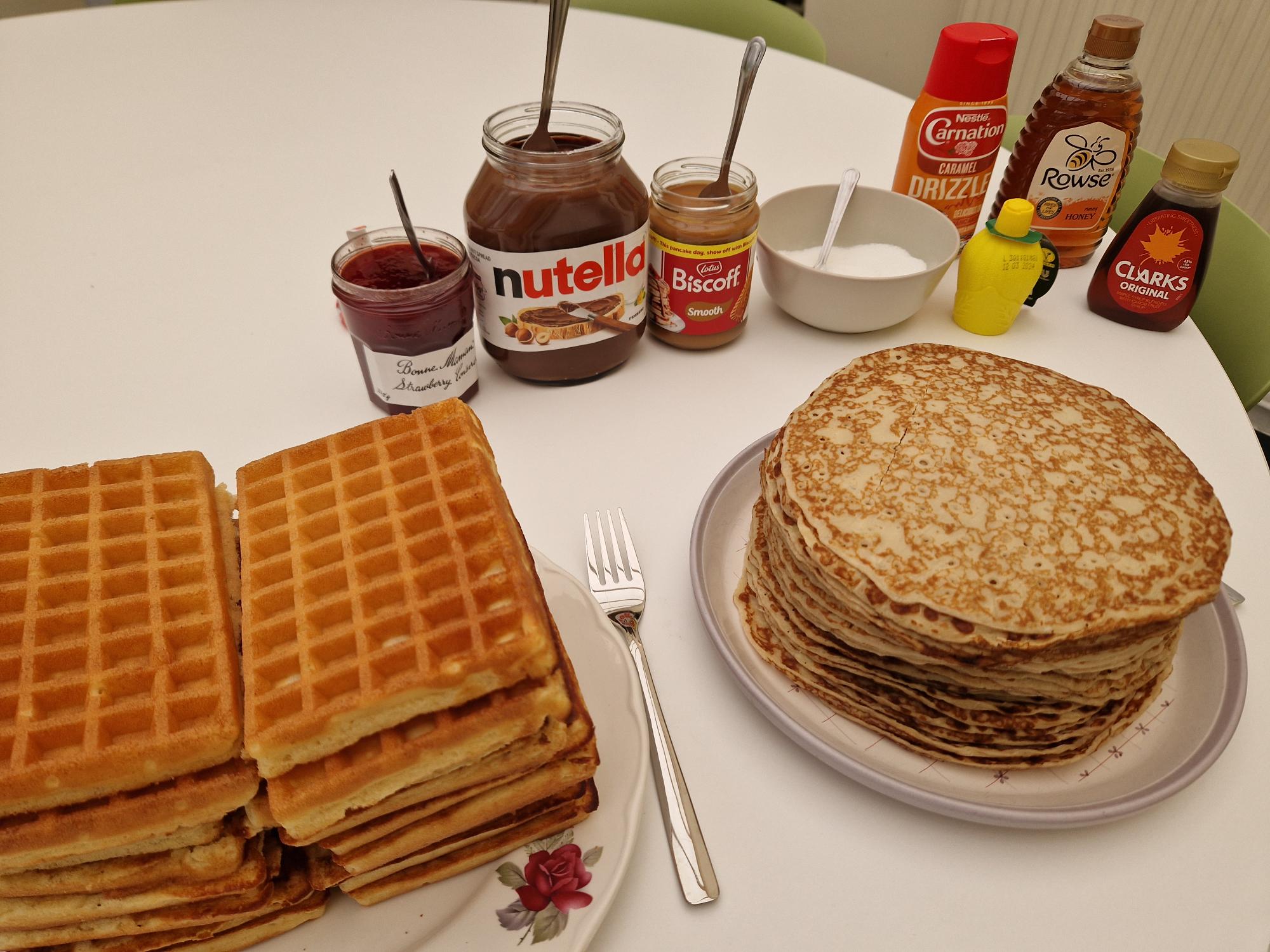 Pancakes and waffles with sauces in the Crowder office