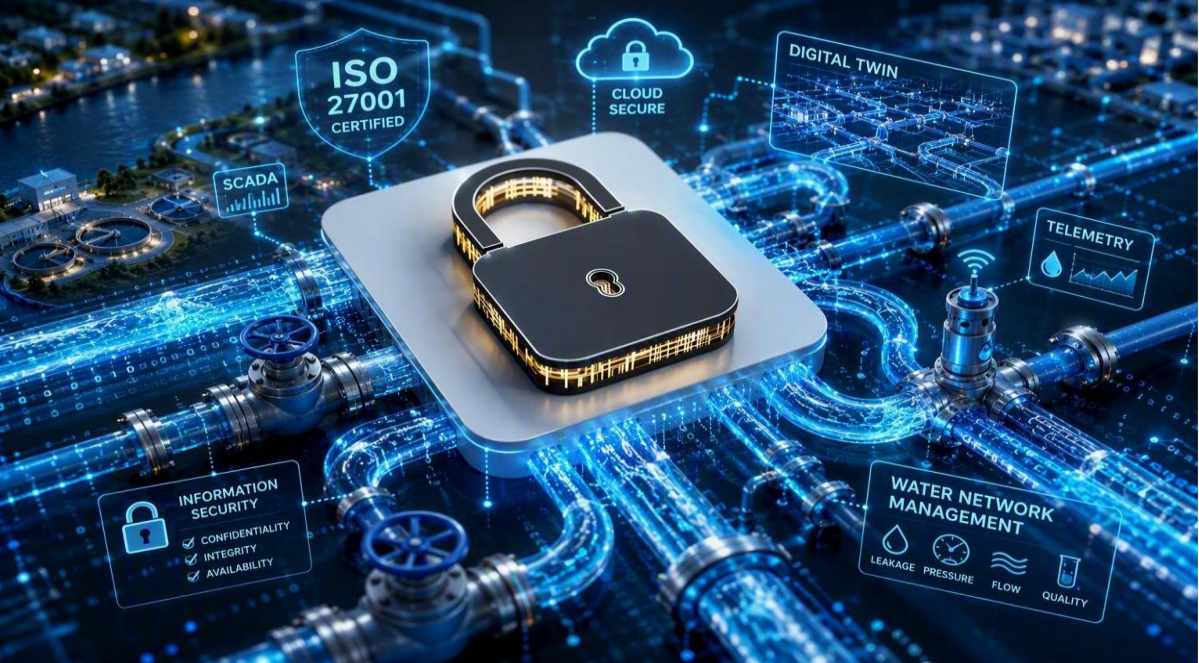 Water Network Management platform showing secure digital infrastructure, ISO 27001 certification and connected water network systems. 